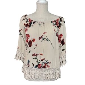 Staccato Med Cream Boat Neck Boho Floral Crochet Lace Off Shoulder Blouse